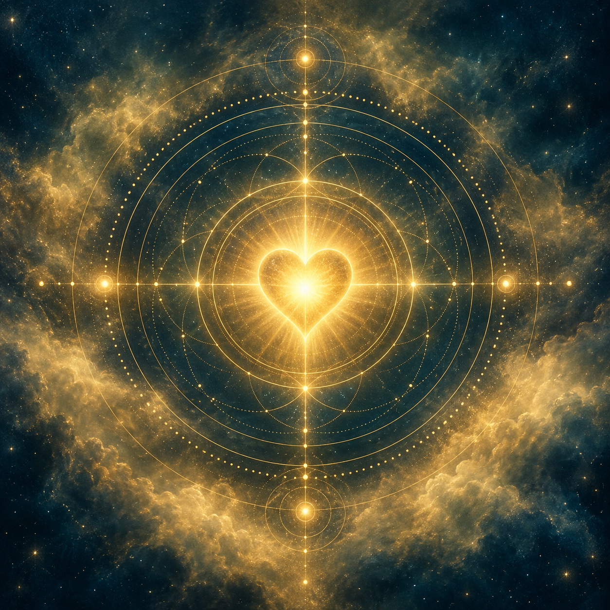 A luminous golden heart surrounded by light against a deep teal sky