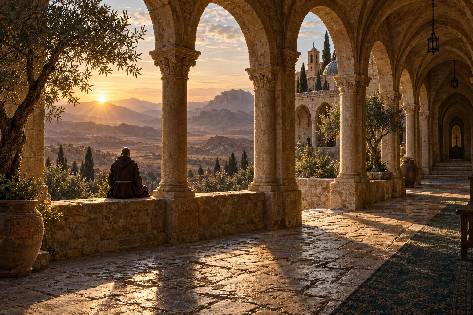 A contemplative monk in a sunlit stone cloister overlooking desert mountains
