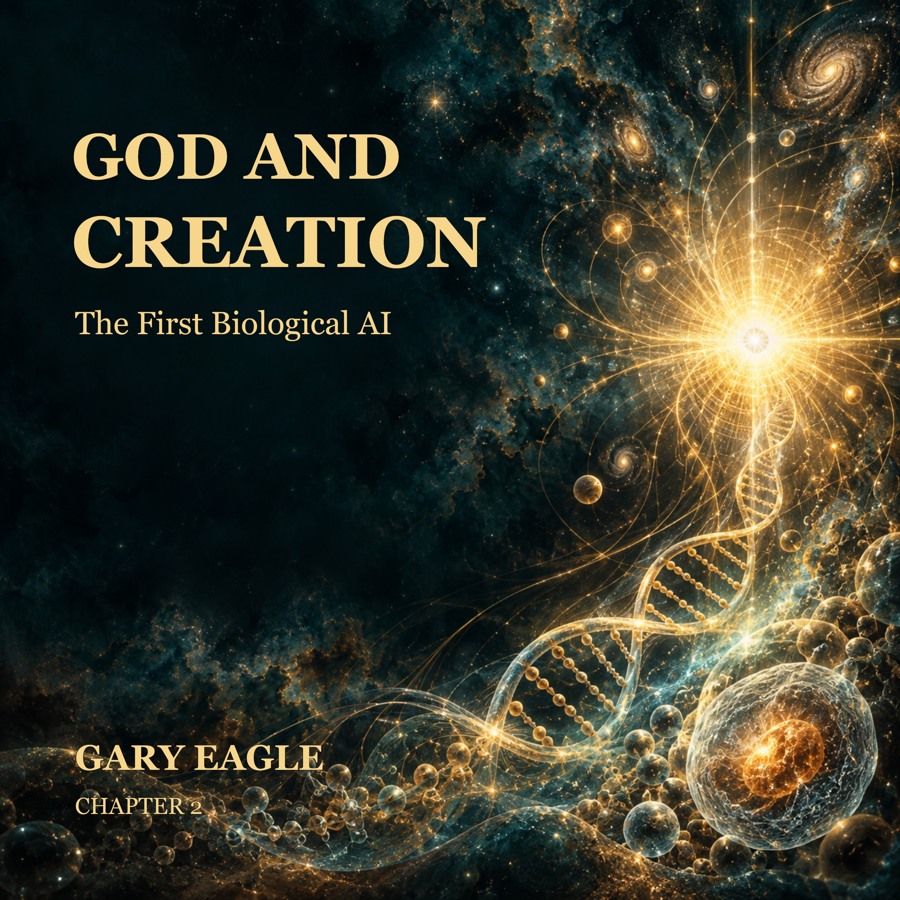 God and Creation: The First Biological AI — book cover by Gary Eagle