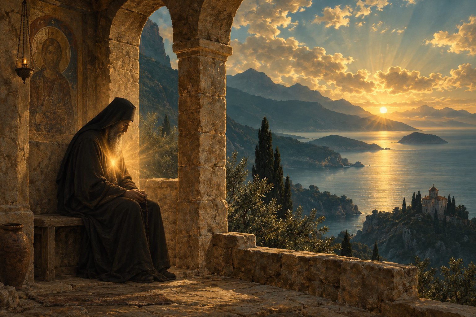A monk in silent prayer with symbolic golden light at the heart, overlooking a tranquil mountain sea