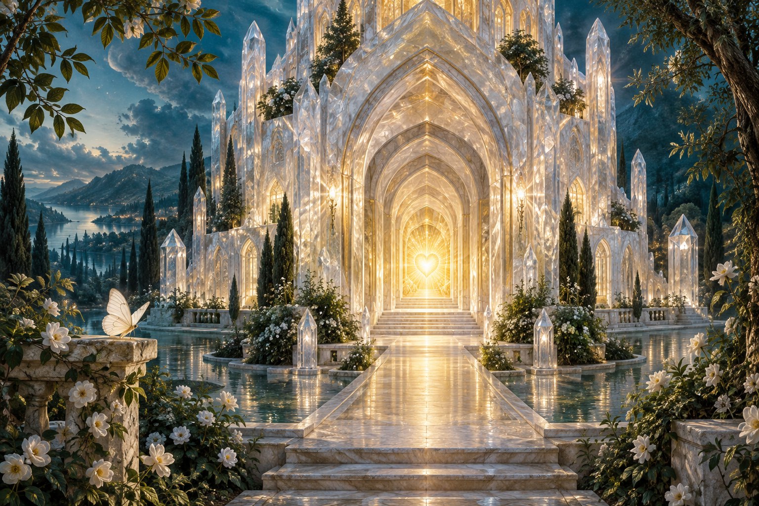 A luminous crystal castle with nested arches leading to a golden heart, symbolising the Interior Castle