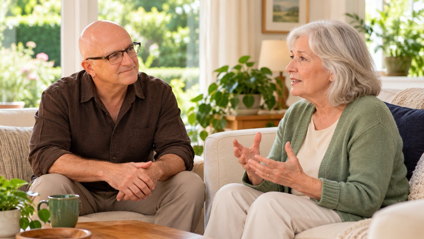 Illustrated scene: Gary Eagle listening to a companion in a sunlit sitting room.