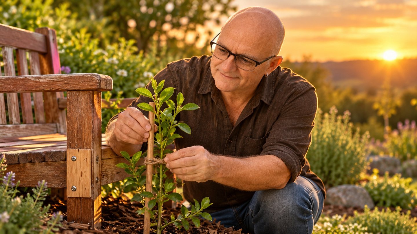 Illustrated scene: a young plant growing beside a repaired wooden garden bench, with an adult carefully checking the plant's support.