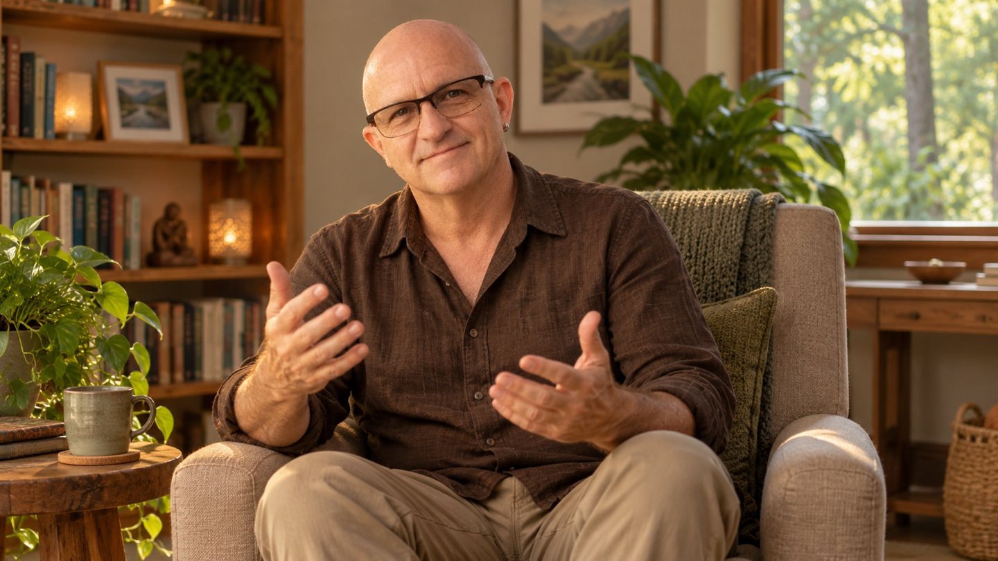 Illustrated scene: a steady, medium-wide landscape composition of Gary seated in a supportive chair in a familiar room, feet on the floor.
