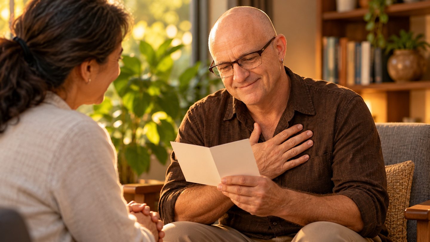 Illustrated scene: a practitioner receiving a thank-you note from a patient, reading it with a look of genuine humility.