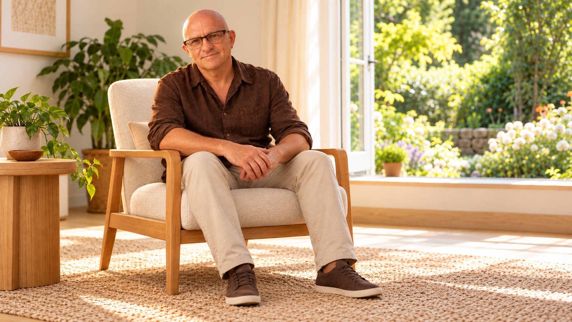 Gary Eagle seated comfortably beside a sunlit garden window, illustrating quiet awareness in ordinary life.