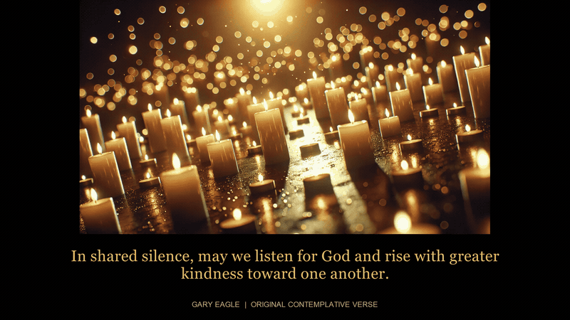 Quakerism — gold-toned contemplative artwork with a gentle six-second light cycle